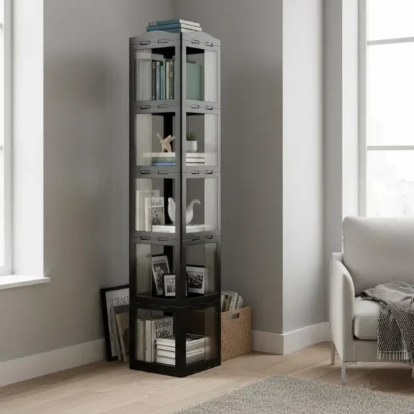 Folding Rotating Bookshelf, 360° Rotating Shelf, 5-Tier Bookshelf, Tall Corner Shelf, Storage Organizer, Black for living room study office white durable thickened edge easy clean