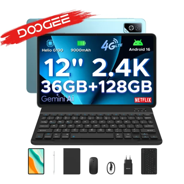 DOOGEE Tab G6 Pro 2 in 1 Tablet PC Android 16 Gemini AI 12″ 2.4K 36GB RAM(8+28) 128GB ROM 9000mAh Battery Helio G100 Tablet Pad