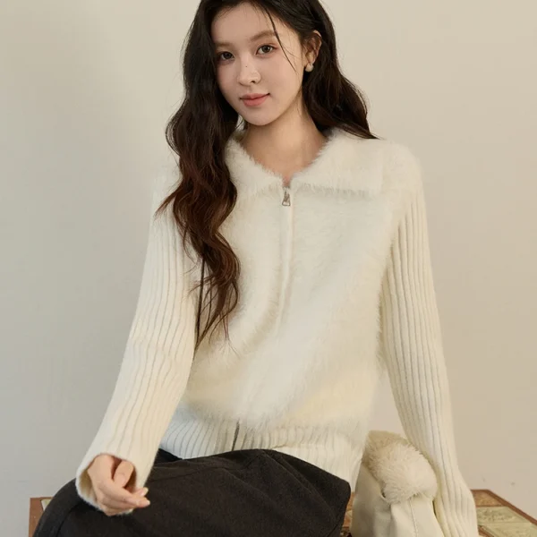 MISHOW Women’s White Faux Fur Knit Cardigan 2025 Autumn Winter Fake Two-Piece Zipper Lapel Collar Warm Soft Outerwear MXE94Z2992