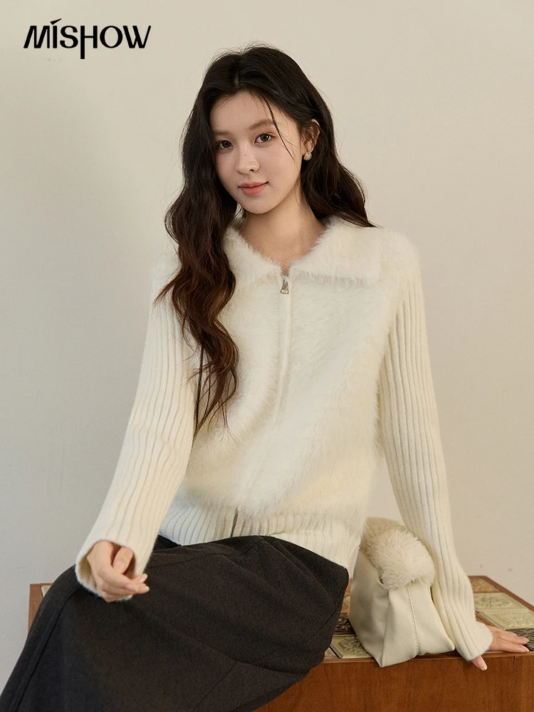 MISHOW Women’s White Faux Fur Knit Cardigan 2025 Autumn Winter Fake Two-Piece Zipper Lapel Collar Warm Soft Outerwear MXE94Z2992 MISHOW Women’s White Faux Fur Knit Cardigan 2025 Autumn Winter Fake Two-Piece Zipper Lapel Collar Warm Soft Outerwear MXE94Z2992