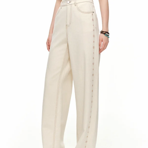 DUSHU 2024 Summer Women’s White Linen Blend Embroidered Straight Leg Jeans – Elegant Casual Trousers for Daily and Summer Wear