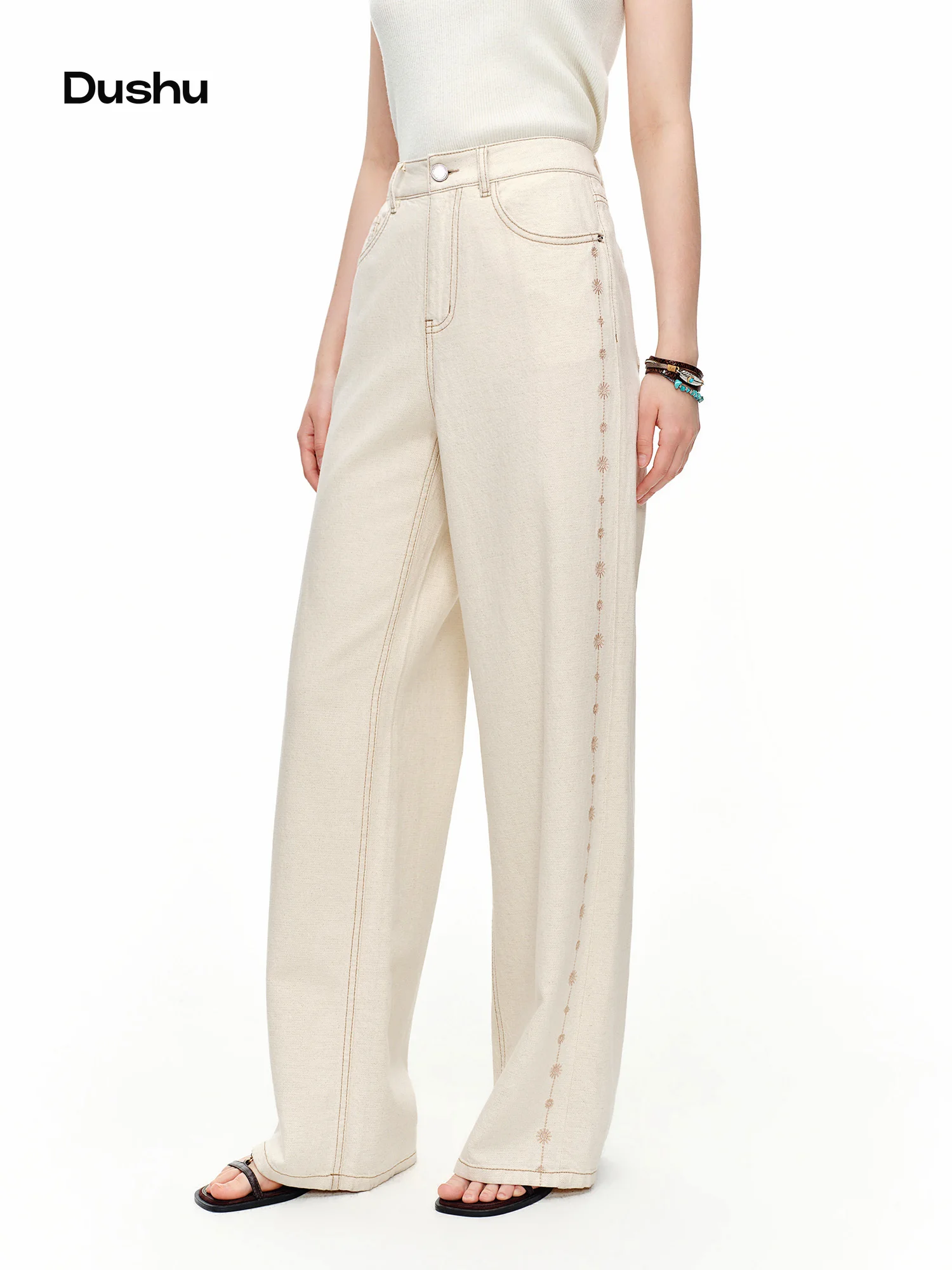 DUSHU 2024 Summer Women’s White Linen Blend Embroidered Straight Leg Jeans – Elegant Casual Trousers for Daily and Summer Wear DUSHU 2024 Summer Women’s White Linen Blend Embroidered Straight Leg Jeans – Elegant Casual Trousers for Daily and Summer Wear