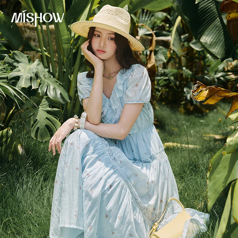 MISHOW Sea Salt Blue Floral Midi Dress Summer Ruffle V Neck Puff Sleeve Lace Splicing Tiered Cake Vacation Long Dress MXF27L2708 1