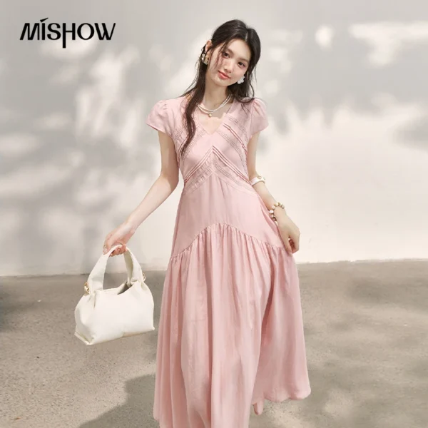 MISHOW Women’s 2026 Summer French Pink Midi Dresses V Neck Lace Panel Cap Sleeve Dresses High Waist Slim Long Dress MXF27L2706