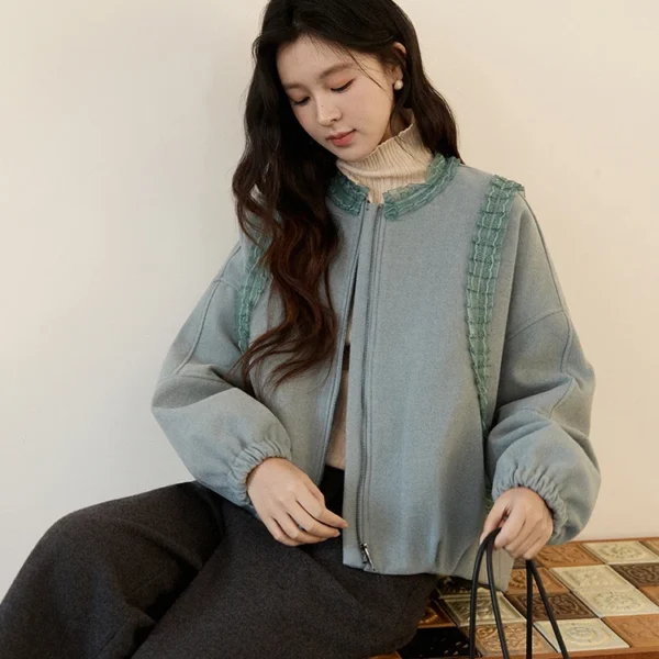 MISHOW Women’s Light Blue Down Coats Winter Lace Decor Zipper Puff Sleeve Coats O Neck Loose Casual Warm Outerwear MXE94W1048