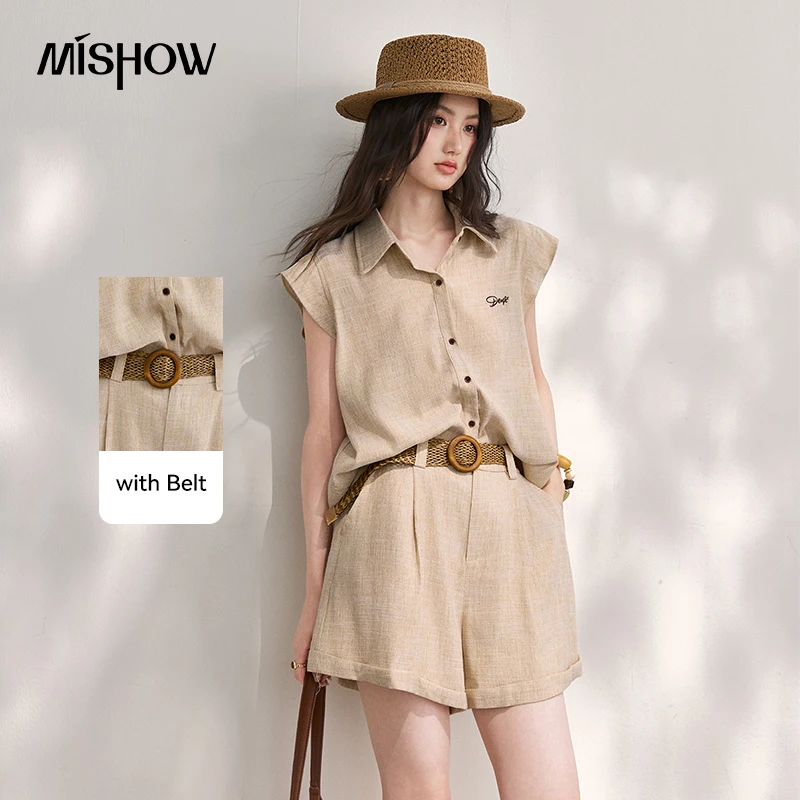 MISHOW Women's Casual Shorts 2 Piece Set 2026 Summer Letter Embroidery Cap Sleeve Shirt Wide Leg Shorts Set with Belt MXF20T1721 1
