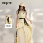 MISHOW Women’s Sleeveless Tiered Ruffle Midi Dress  2026 Summer Waist Tie Polka Dot Sash Yellow Casual Long Dresses MXF29L2742