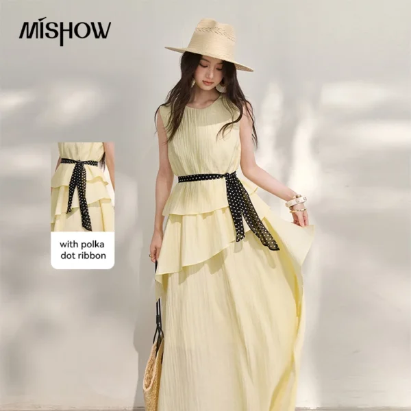 MISHOW Women’s Sleeveless Tiered Ruffle Midi Dress  2026 Summer Waist Tie Polka Dot Sash Yellow Casual Long Dresses MXF29L2742