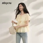 MISHOW 2026 Summer New Chiffon Tiered Ruffle Blouse Women Lace Trim Round Neck Tie Front Elegant Top Casual Shirt MXF22X2605