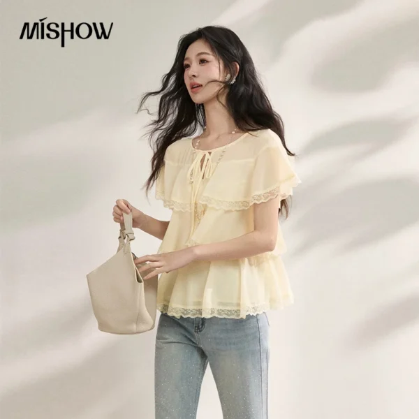 MISHOW 2026 Summer New Chiffon Tiered Ruffle Blouse Women Lace Trim Round Neck Tie Front Elegant Top Casual Shirt MXF22X2605
