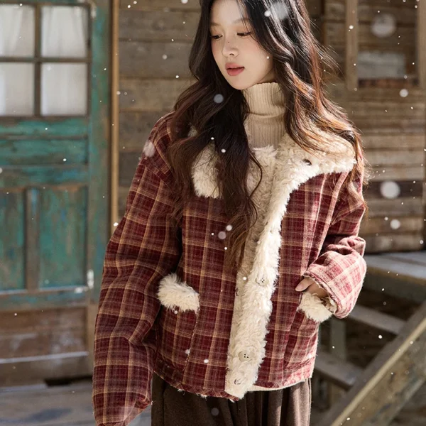 MISHOW Christmas Women’s Reversible Retro Red Plaid Lamb Wool Coat 2025 Winter Loose Warm Fur-Lined Lapel Outerwear MXE93W1009