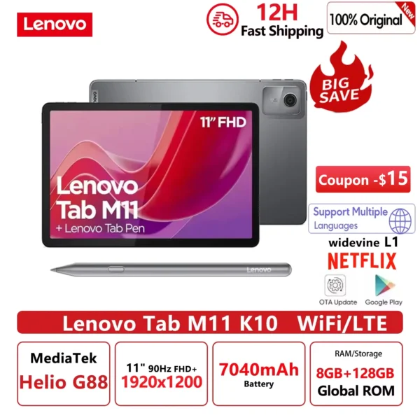Global ROM Lenovo Tab M11 k10 11” 90Hz Display Android 13 L1 MediaTek Helio G88 8GB/128GB 7040mAh Battery 4G LTE Tablet 2025