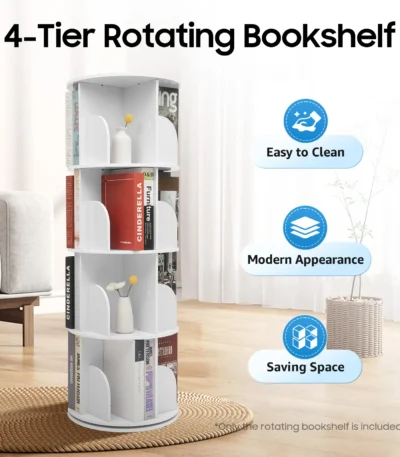 4 Tier Rotating Bookshelf 360° Spinning Display Rack with Wheels, 16-Cube Storage Shelf for Books Toys, White for Home Library 1