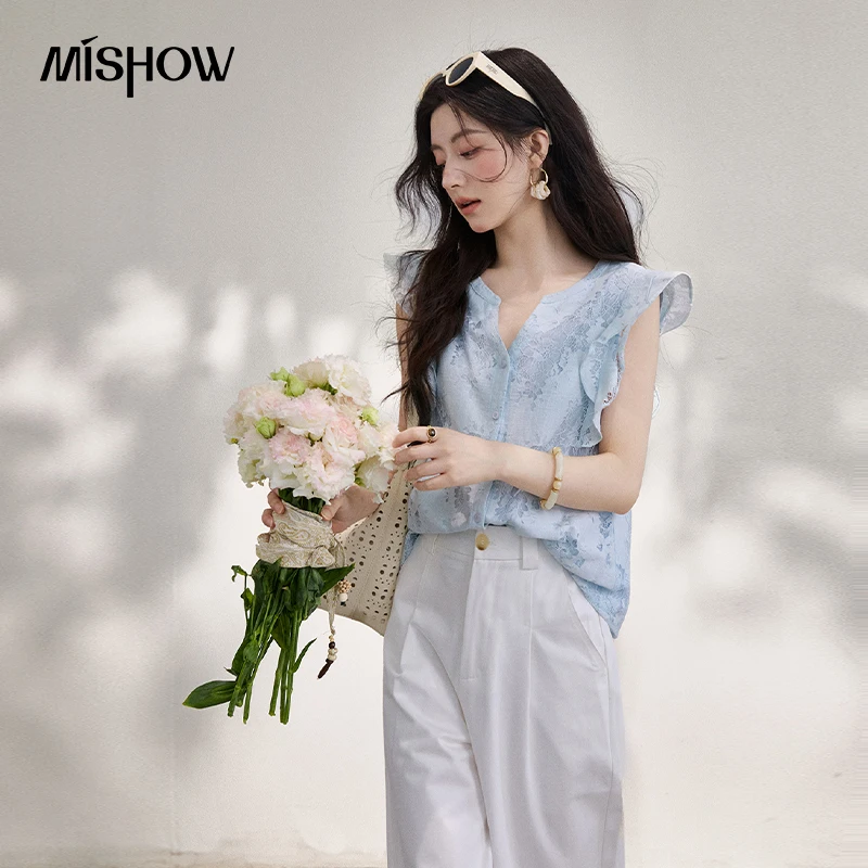 MISHOW Blue Hollow Flower Embroidery V-Neck Flying Sleeve Shirt For Women 2026 Summer New French Elegant Romantic Top MXF24C2481 1