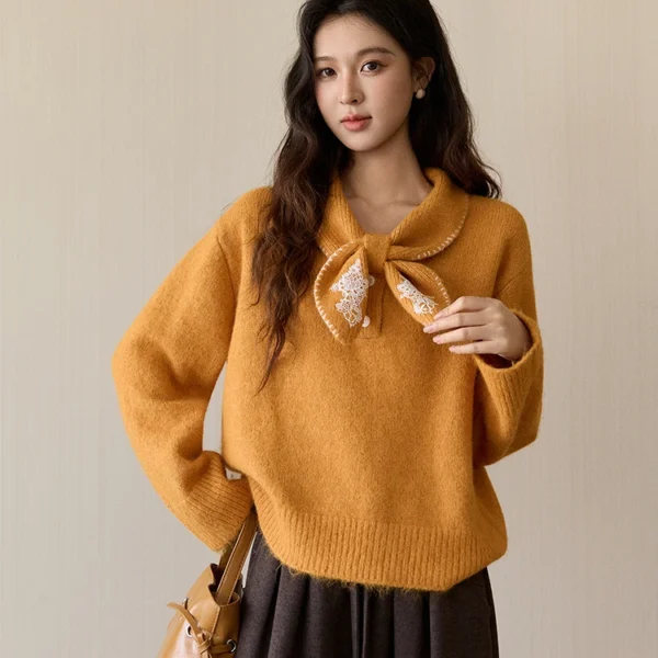 MISHOW Women’s Yellow Knitted Sweater 2025 Autumn Winter Bow Collar Splicing Lace Tops Loose Warm Pullover Sweaters MXE94Z2971