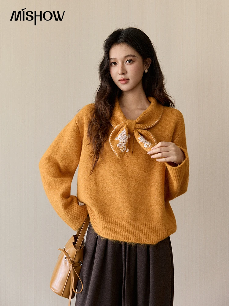 MISHOW Women’s Yellow Knitted Sweater 2025 Autumn Winter Bow Collar Splicing Lace Tops Loose Warm Pullover Sweaters MXE94Z2971 MISHOW Women’s Yellow Knitted Sweater 2025 Autumn Winter Bow Collar Splicing Lace Tops Loose Warm Pullover Sweaters MXE94Z2971
