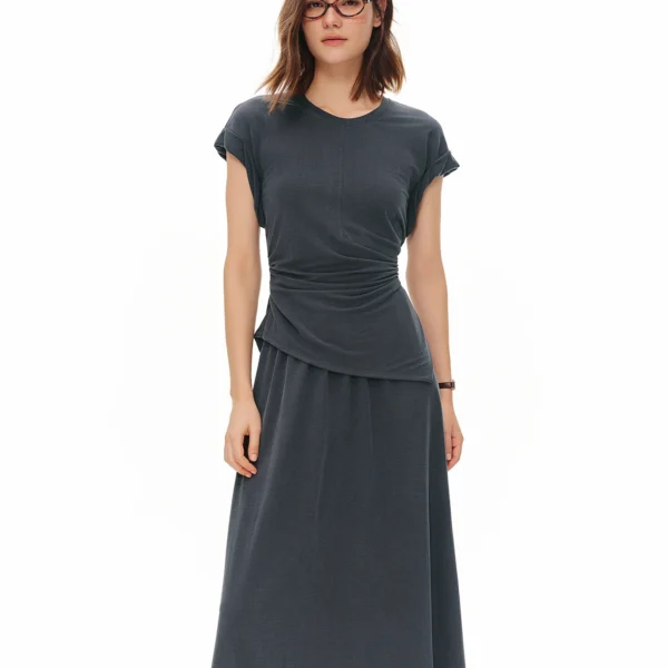 DUSHU Women’s 2026 Summer New Minimalist Urban Two-Piece Set Simple Premium Short Sleeves Top Long Skirt Outfit Multi-Size Sets