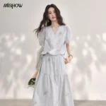 MISHOW Women’s Striped Floral Embroidery 2pcs Set 2026 Summer Lace V Neck Puff Sleeve Blouses Tiered Midi Skirt Sets MXF20T1718