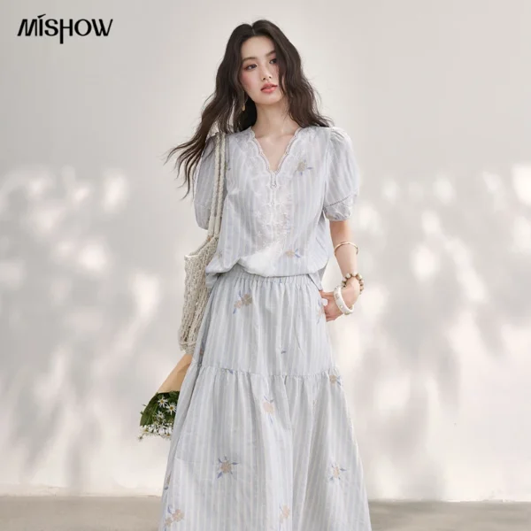 MISHOW Women’s Striped Floral Embroidery 2pcs Set 2026 Summer Lace V Neck Puff Sleeve Blouses Tiered Midi Skirt Sets MXF20T1718