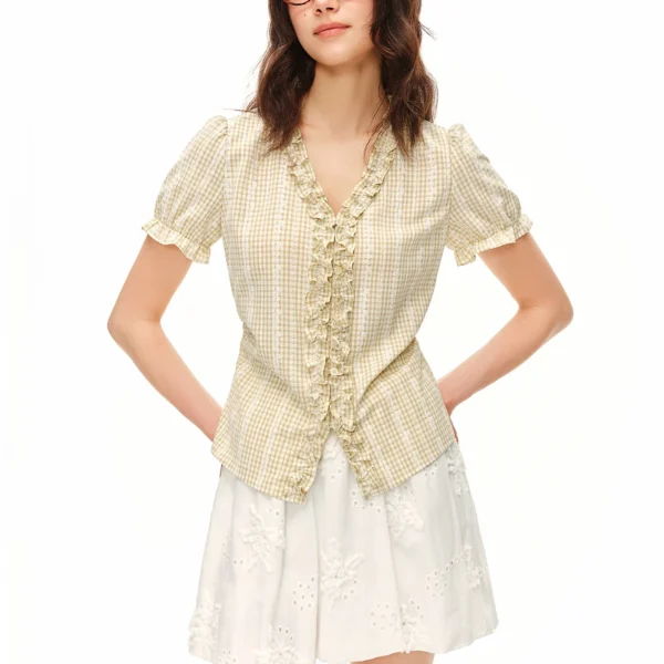 DUSHU 2026 Summer Women‘s Gingham Ruffle Trim Blouse, Short Sleeve Plaid Top for French Country Cottagecore Style Multiple Size