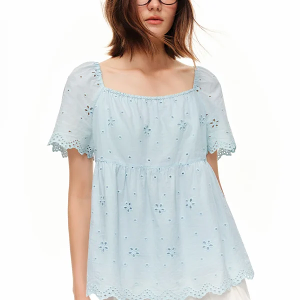DUSHU Women Hollow Embroidery Sweet Blouse | 2026 New Arrival Summer Fresh Elegant Girly Romantic Puff Short Sleeve Cotton Top