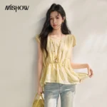 MISHOW New Cashew Flower Embroidered Blouses Bilateral Drawstring Waist-cinching Irregular Hem Loose Short Sleeve Top MXF22X2597