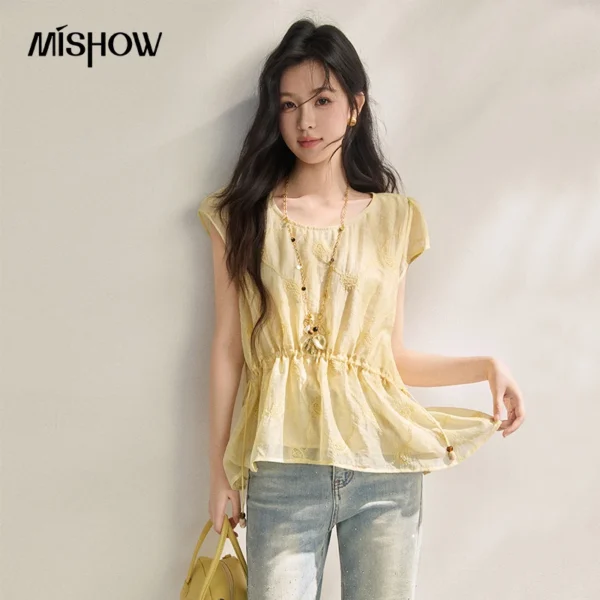 MISHOW New Cashew Flower Embroidered Blouses Bilateral Drawstring Waist-cinching Irregular Hem Loose Short Sleeve Top MXF22X2597