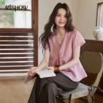 MISHOW Women’s Ramie Blouse 2026 Summer V Neck Twist Front Waist Tops Lace Puff Short Sleeve Loose Solid Casual Shirt MXF28X2721