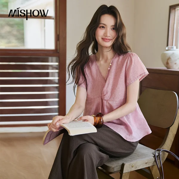 MISHOW Women’s Ramie Blouse 2026 Summer V Neck Twist Front Waist Tops Lace Puff Short Sleeve Loose Solid Casual Shirt MXF28X2721