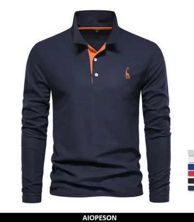 AIOPESON 2023 New Men's Deer Embroidery Polo Shirts Solid Color Long Sleeve Social Business Male 1