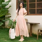 MISHOW Women’s French Vacation Dress Summer V Neck Puff Sleeve Dresses Pockets Loose Back Lace-up Waist Long Dress MXF28L2793