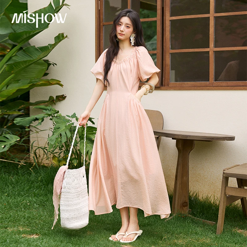 MISHOW Women's French Vacation Dress Summer V Neck Puff Sleeve Dresses Pockets Loose Back Lace-up Waist Long Dress MXF28L2793 1