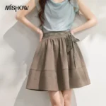 MISHOW Retro Lace Up Puffy Half Length Skirt For Women 2026 Summer Versatile Bright Line Grey A-Line Romantic Skirt MXF25B2522