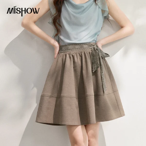 MISHOW Retro Lace Up Puffy Half Length Skirt For Women 2026 Summer Versatile Bright Line Grey A-Line Romantic Skirt MXF25B2522