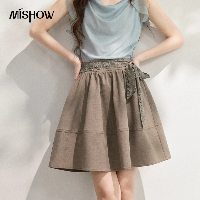 MISHOW Retro Lace Up Puffy Half Length Skirt For Women 2026 Summer Versatile Bright Line Grey A-Line Romantic Skirt MXF25B2522 MISHOW Retro Lace Up Puffy Half Length Skirt For Women 2026 Summer Versatile Bright Line Grey A-Line Romantic Skirt MXF25B2522