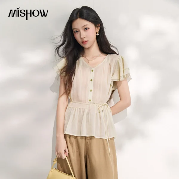 MISHOW Light Green Blend Blouse 2026 Summer V Neck Double Ruffle Flying Sleeve Button Front Self Tie Waist Blouses MXF29X2728