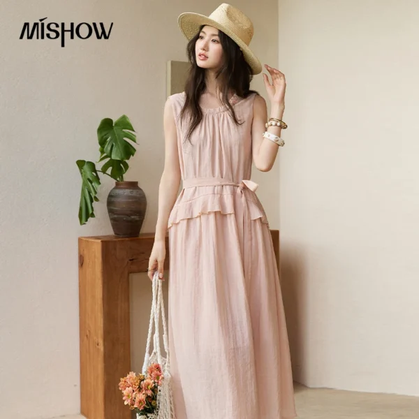MISHOW Peach Pink Sleeveless Midi Dress U Neck Tie Ruffle Layered Waist Dresses Loose Flowy Loose Vacation Long Dress MXF28L2763