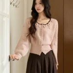 MISHOW Women’s Pink Knitted Cardigan 2025 Autumn Winter Flower Decor Lace Trim Button Cardigan Slim Warm Pullover Top MXE94Z2862