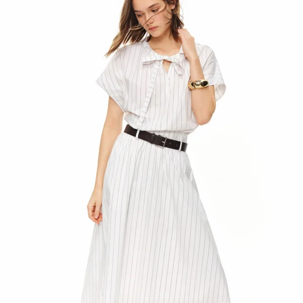 DUSHU Women Everyday Work Waist-Hugging Dress Elegant V-Neckline A-Line Skirt Stylish and Chic 2026 Summer New Arrival with Belt