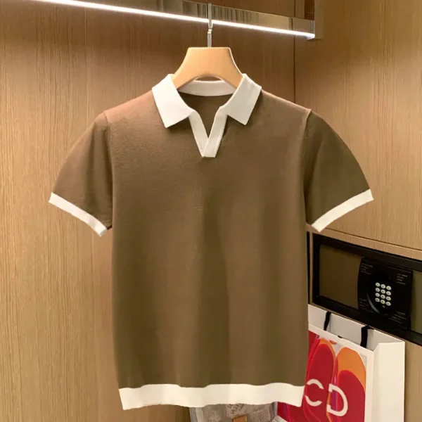 Summer Men Knitted Polo Shirts Short Sleeve Turn-down Collar V-neck T-shirts Patchwork Slim Fit Tops