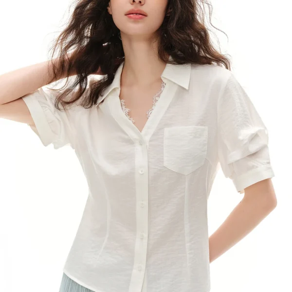 DUSHU 2026 Summer Women’s Short Sleeve Lace Blouse, Structured Shoulder Waist-Cinching Office Chic Shirt for Quiet Luxury Style