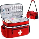 Large capacity travel medicine storage bag, portable emergency kit, double-layered design, front pouch, multiple ways to carry.