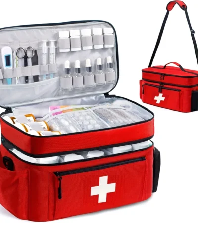 Large capacity travel medicine storage bag, portable emergency kit, double-layered design, front pouch, multiple ways to carry. 1