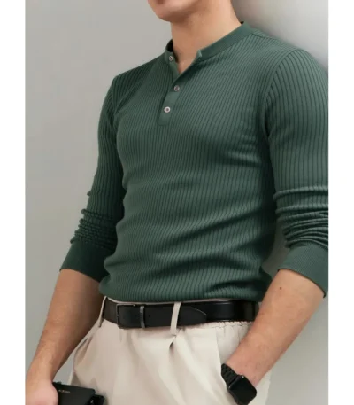AIOPESON Button Placket Polo Shirt Men Ribbed Stripe Long Sleeve Contemporary Fit Minimalist Autumn Winter Premium Business Top 1