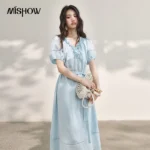MISHOW Women’s Linen Midi Dress Summer Ruffle V Neck Puff Sleeve Waist Tie Hollow Trim Light Blue Casual Long Dress MXF28L2766
