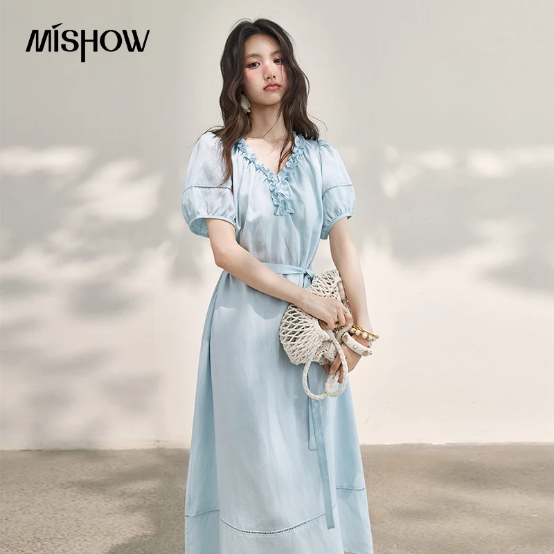 MISHOW Women’s Linen Midi Dress Summer Ruffle V Neck Puff Sleeve Waist Tie Hollow Trim Light Blue Casual Long Dress MXF28L2766 MISHOW Women’s Linen Midi Dress Summer Ruffle V Neck Puff Sleeve Waist Tie Hollow Trim Light Blue Casual Long Dress MXF28L2766