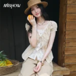 MISHOW Women’s Vintage Plaid Fake Two Piece Blouse Summer V Neck Lace Ruffle Tie Front Puff Sleeve Sweet Casual Top MXF25X2640