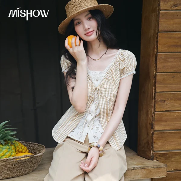 MISHOW Women’s Vintage Plaid Fake Two Piece Blouse Summer V Neck Lace Ruffle Tie Front Puff Sleeve Sweet Casual Top MXF25X2640