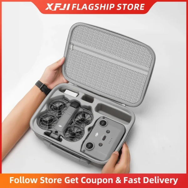 XFJI Travel Organizer Bag for DJI NEO 2 Drone Accessories Hard Shell PU Leather Case Fits RC-N3 Remote Protective Shoulder Pouch
