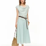DUSHU Women French Stylish Chic Two-piece Set: Swing Collar T-shirt and Skirt Summer Age-reducing Minimalist Solid Commuting